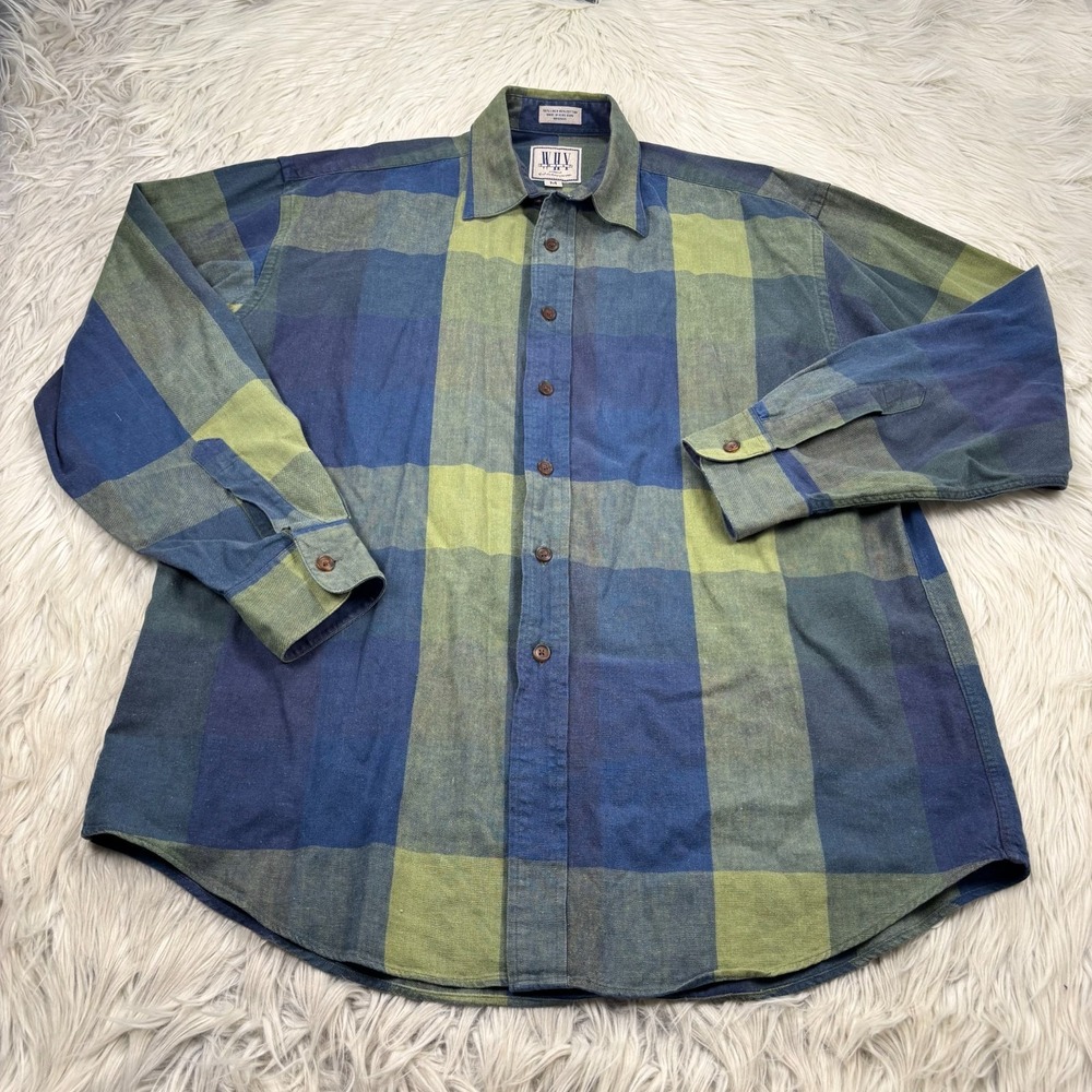Vintage Why This Men's M Linen Blend Macro Plaid Button Front Shirt Green Blue